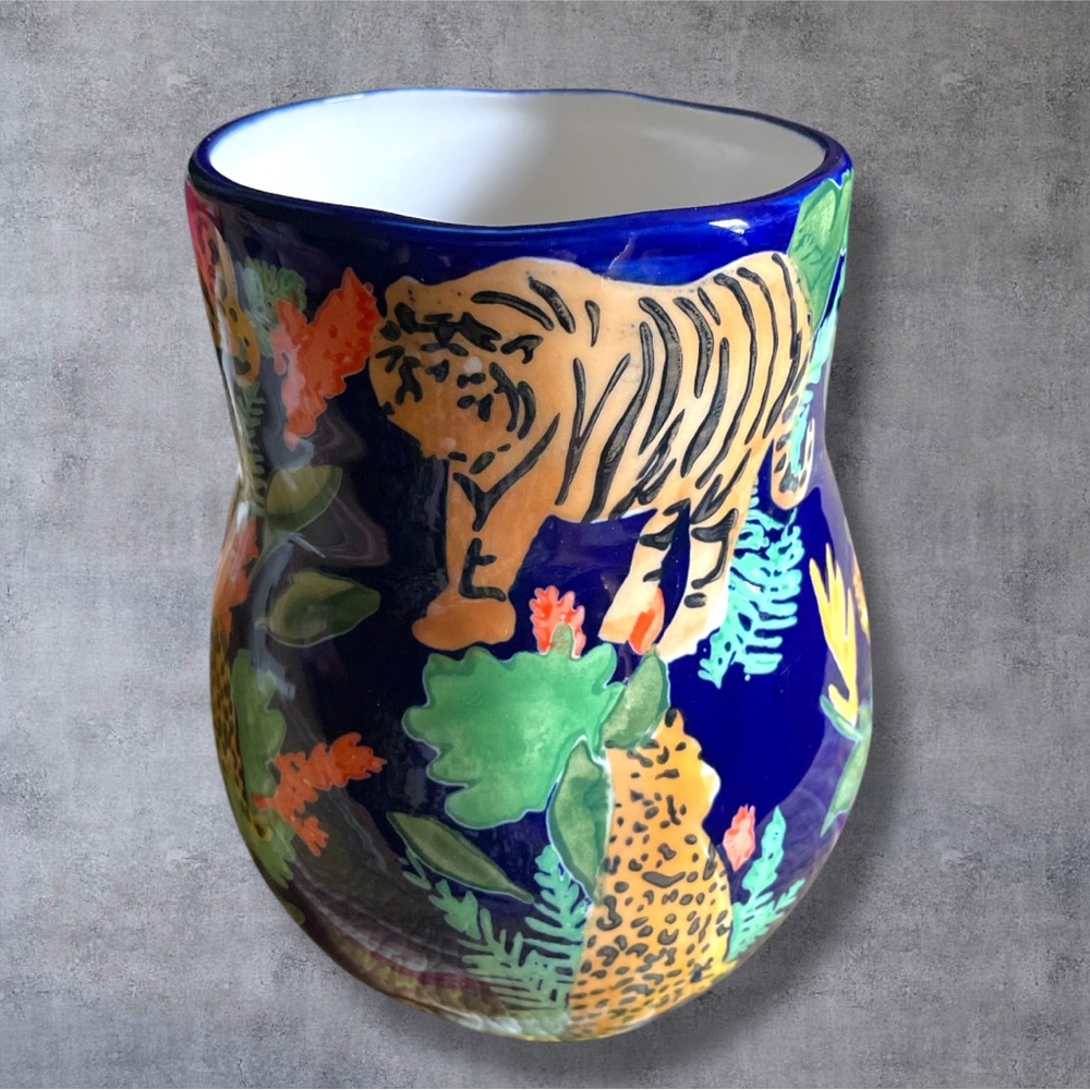 Anthropologie Leah Reena Goren Blue Tiger Cheetah Cat Flora Fauna Ceramic Vase